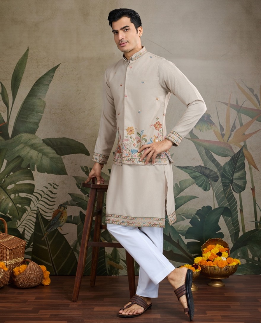 61236-ivory -  Stylish Ivory Men's Kurta Koti Set – Elegant & Trendy